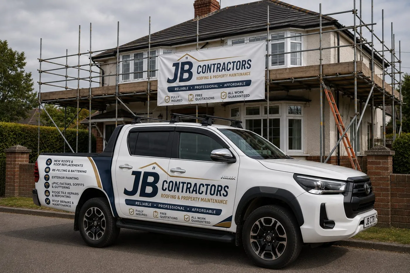 Penryn Roofing pickup truck on site at a scaffolded roofing job in Penryn