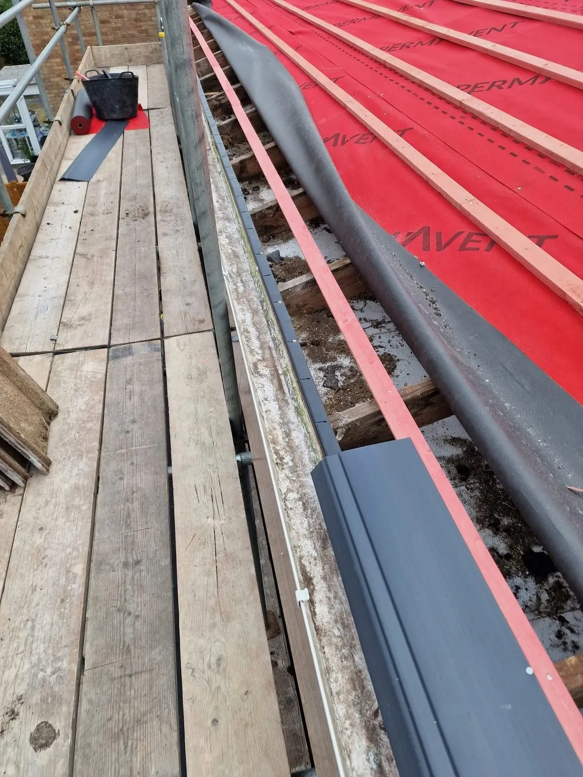 Breathable membrane and battens fitted during a re-roof in Penryn